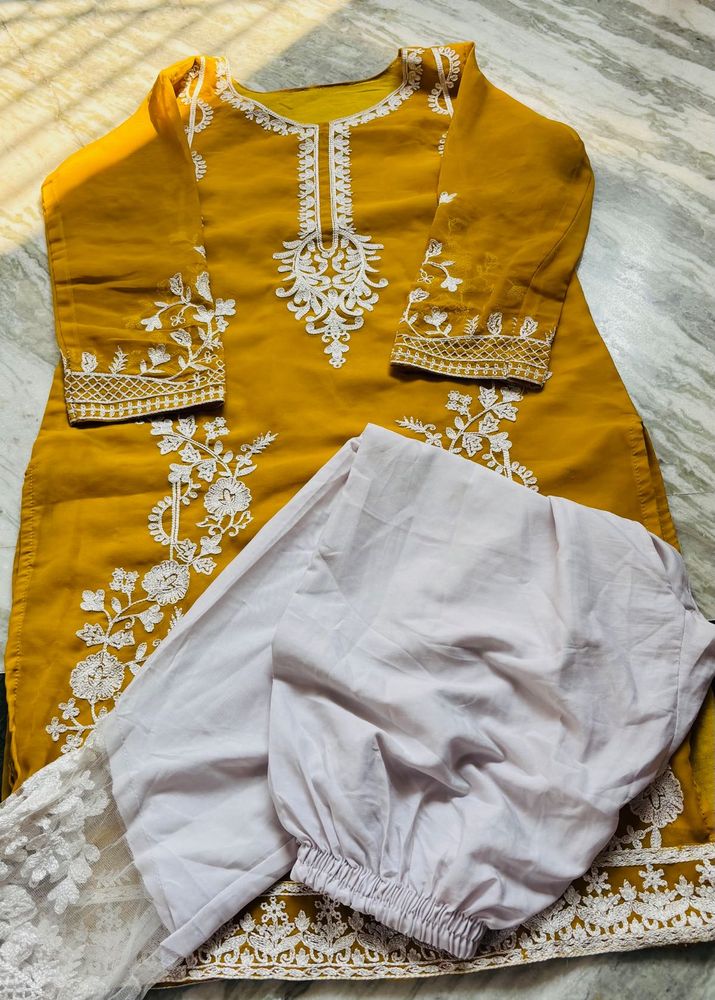 Mustard Yellow Kurta with White Embroidery