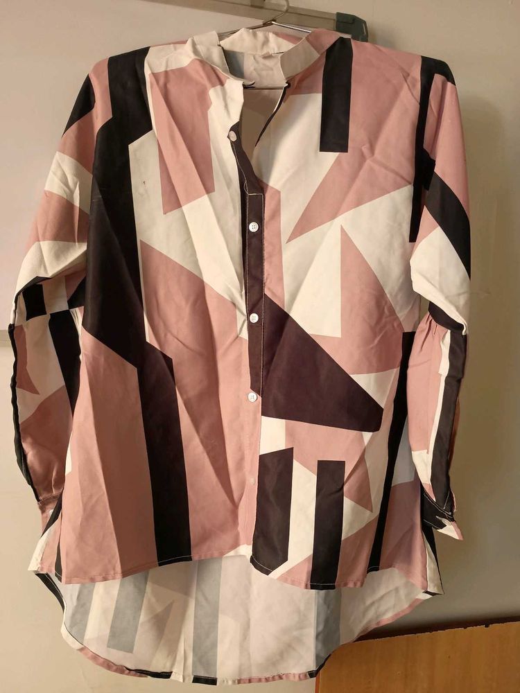 Chic Abstract Print Blush pink Puff Sleeve Top