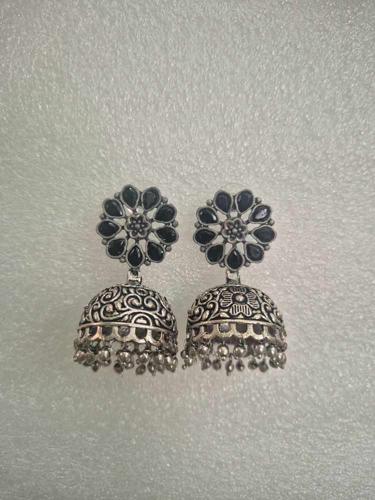 Oxidized Jhumka Earrings with Black Stones-Unused