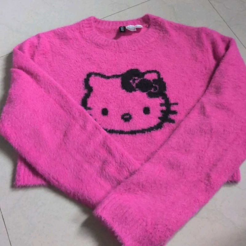Kawaii Y2K Pink Hello Kitty Fuzzy Sweater