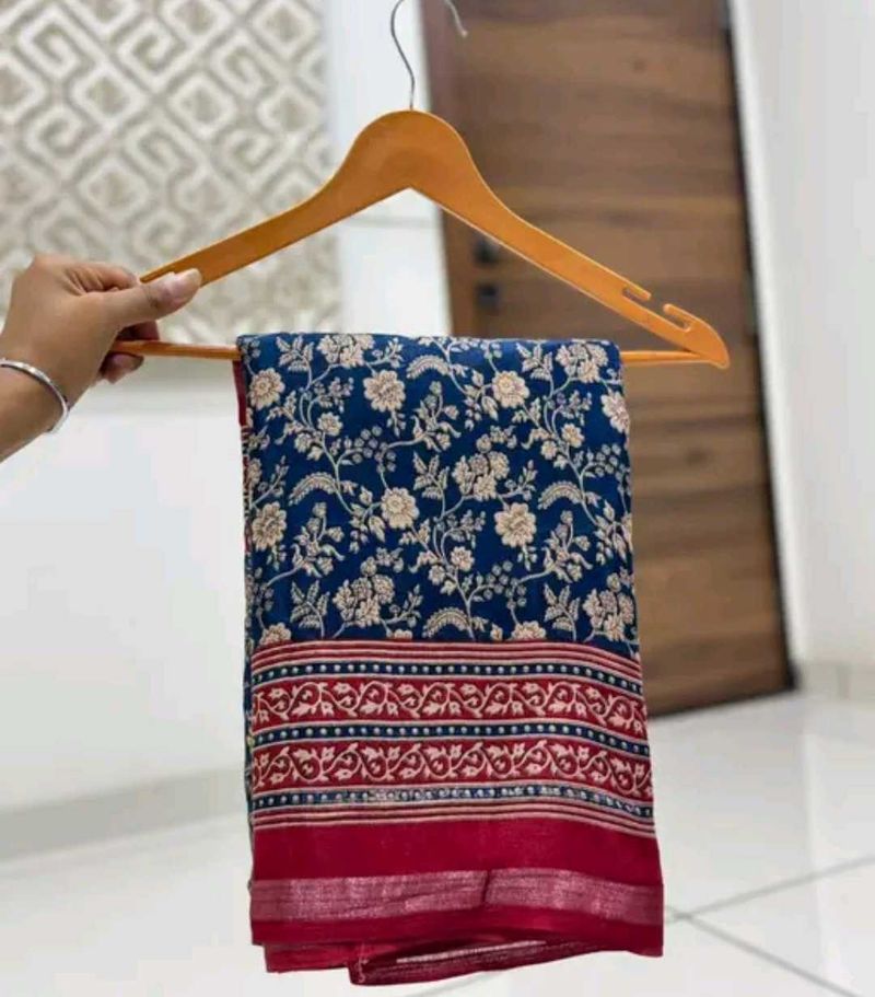 Blue Floral Print Saree with Red Border