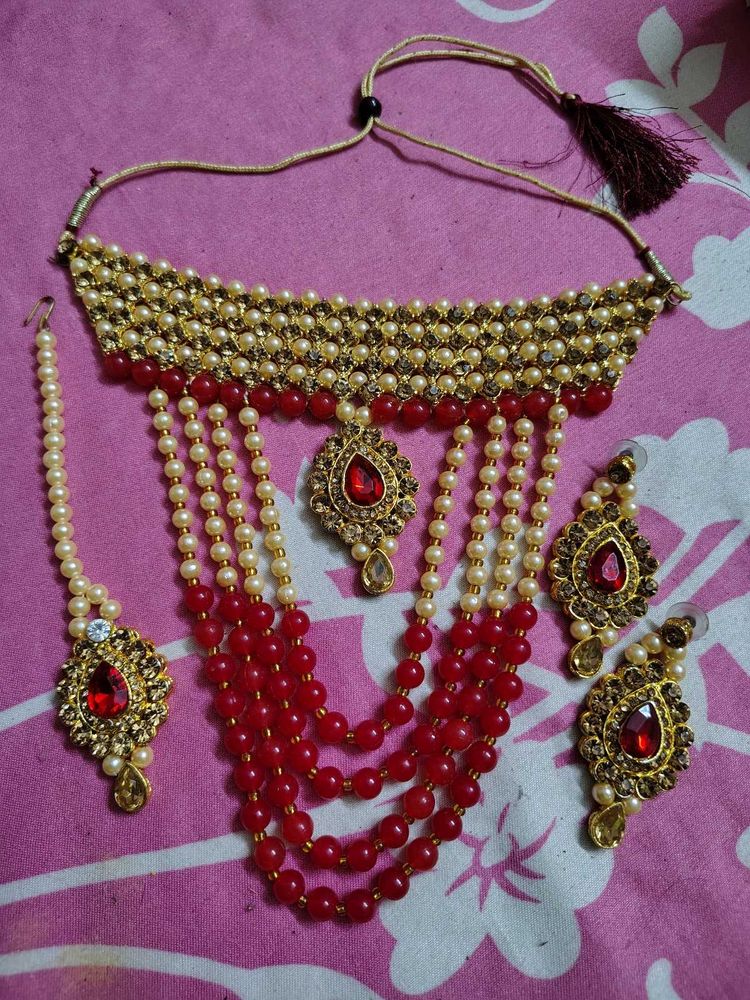 Red Stone &amp; Pearl Jewellery Set