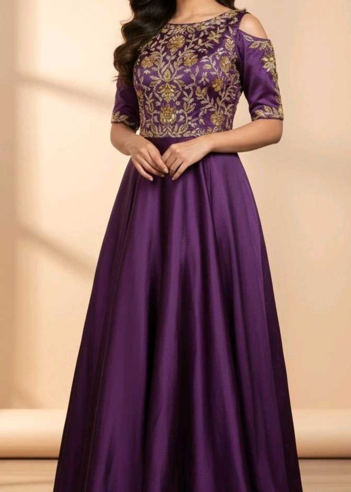 Purple Embroidered Padded Gown