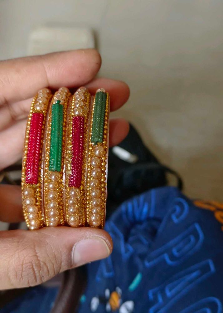 Elegant Gold &amp; Pearl Bangles Set