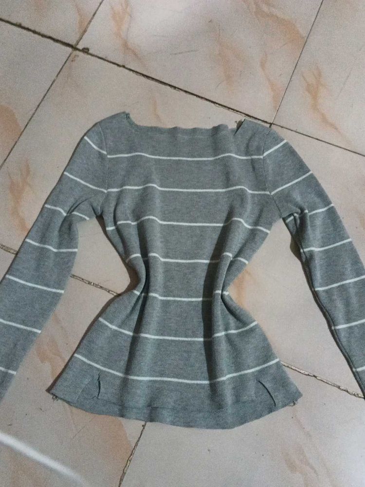 Grey Striped Long Sleeve Top