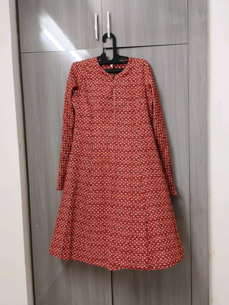 Red Printed Kurta with Long Sleeves