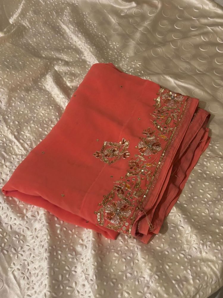Y2K Beautiful Coral Saree with Embellishments