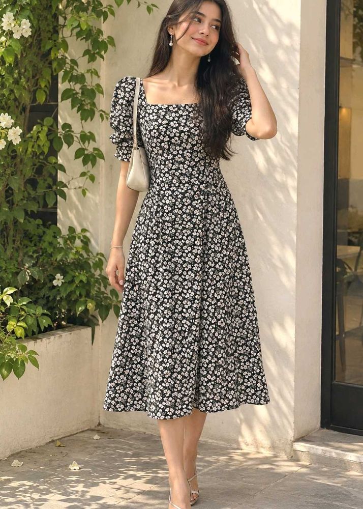 Floral Print A line Slit Dress with Puff Sleeves