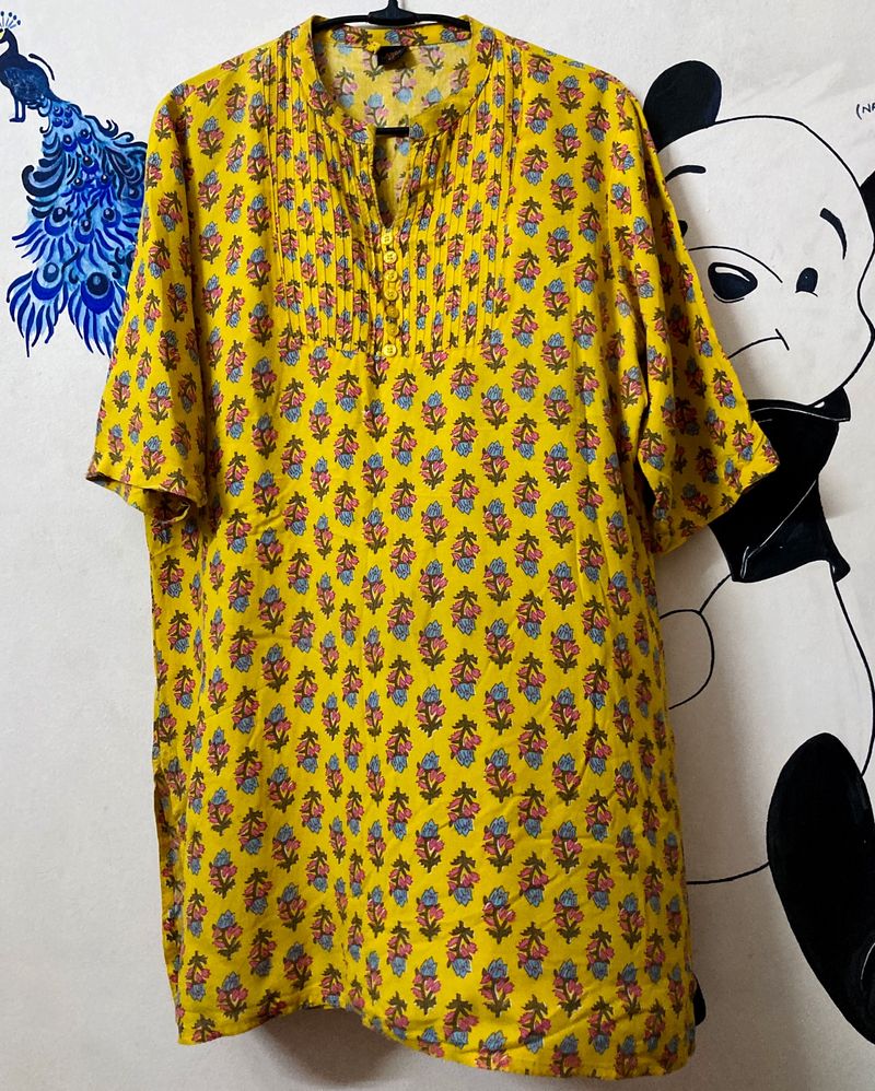 Yellow Floral Cotton  Kurti