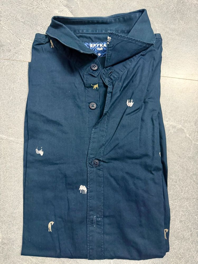 Men's Navy Blue Embroidered Casual Shirt
