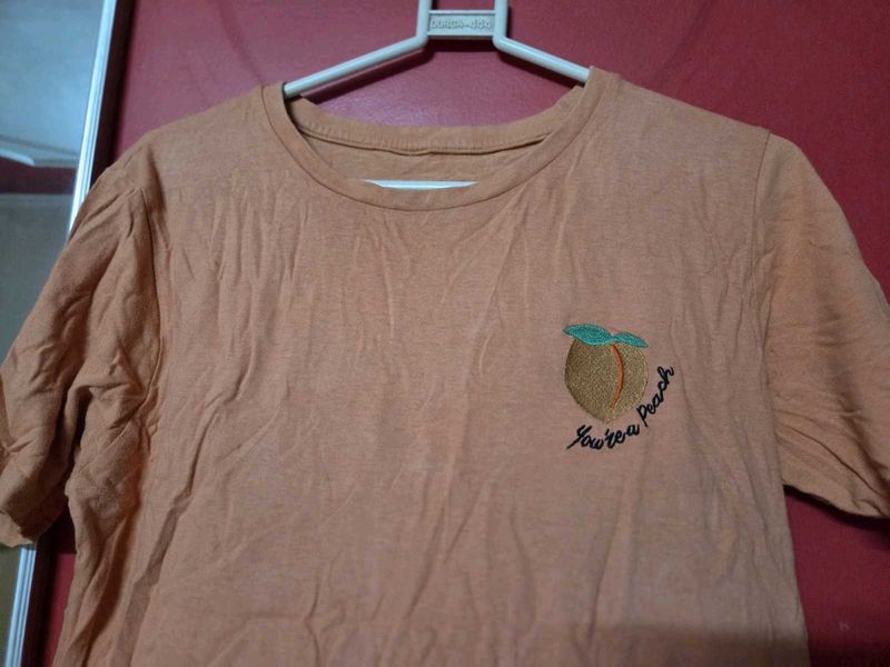 Cute Peach Embroidered T-Shirt
