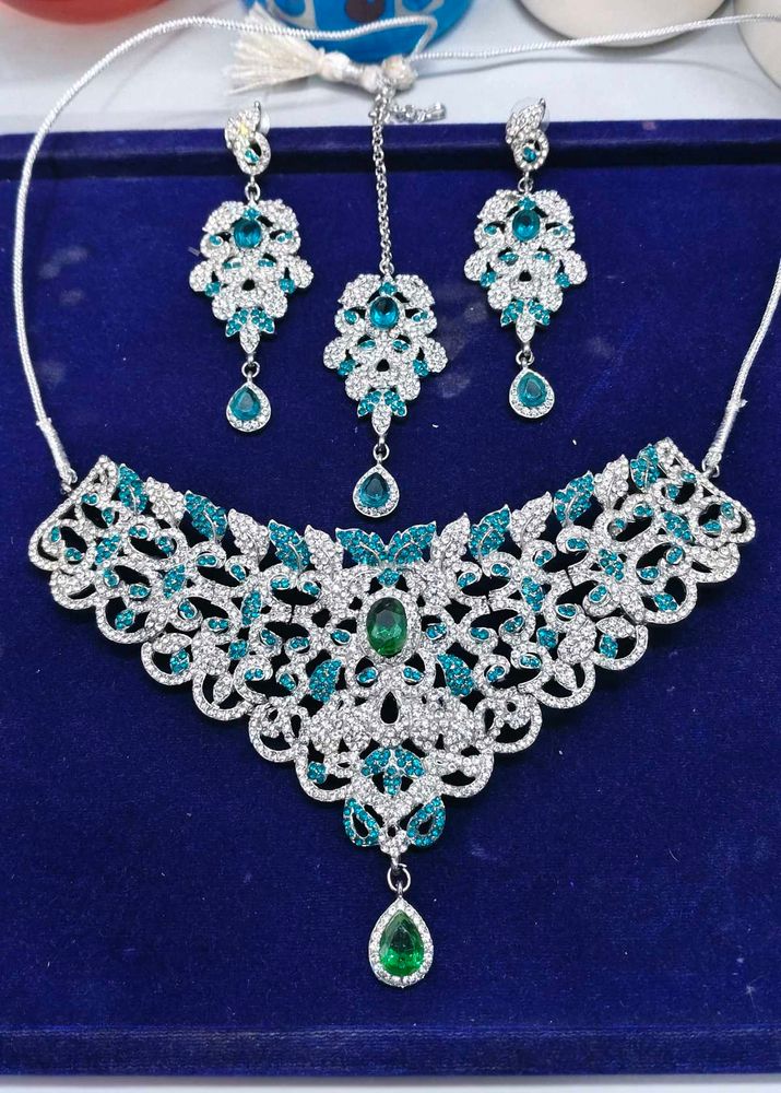 Luxury American Diamond Green &amp; Blue Stone Bridal