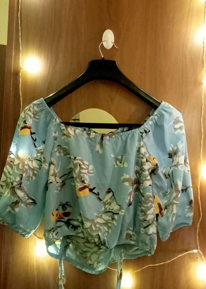 Light Blue Floral Print Off-Shoulder Top