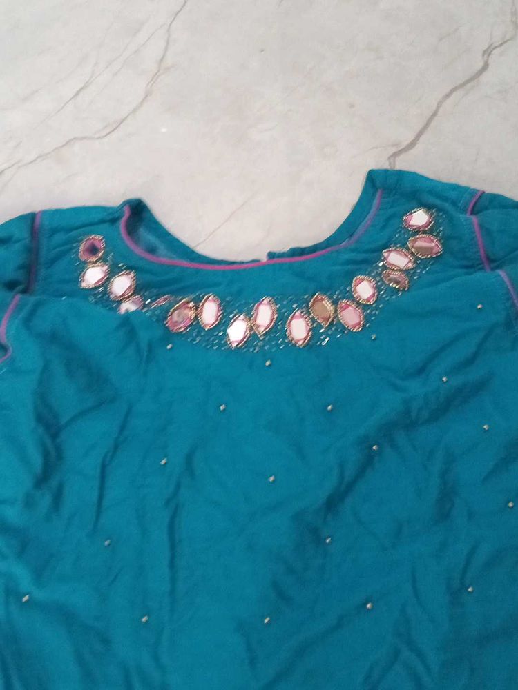 Teal Embroidered Blouse with Mirror Work
