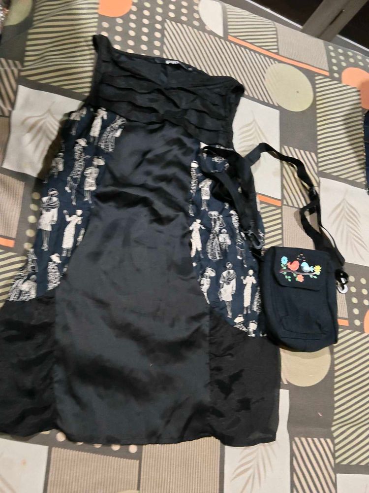 Unique Black Print Dress with Matching Bag free