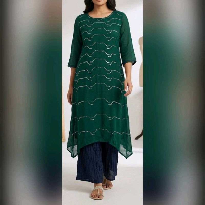 Elegant Green Kurta with Silver Embellishments