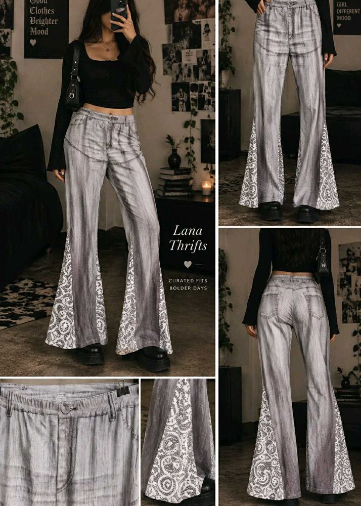 7229. Grey Flare Pants with Lace Inserts