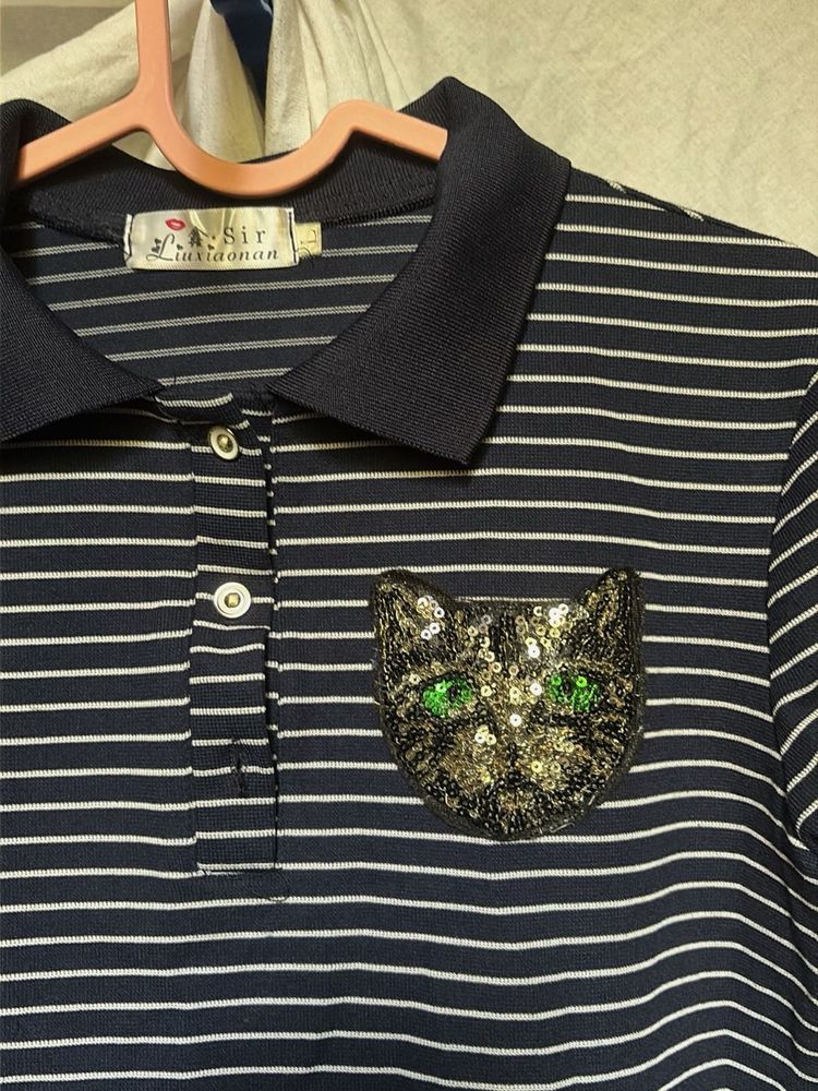 Striped Polo Cat Pocket Detail Short Dress