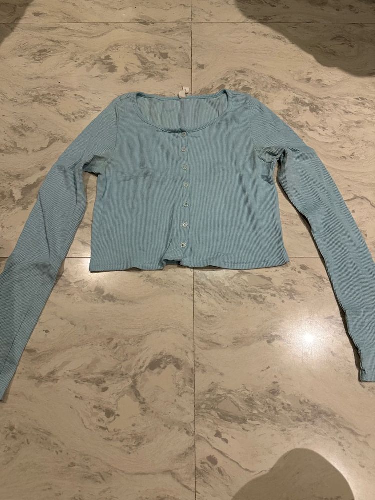Light Blue Ribbed Button-Up Top