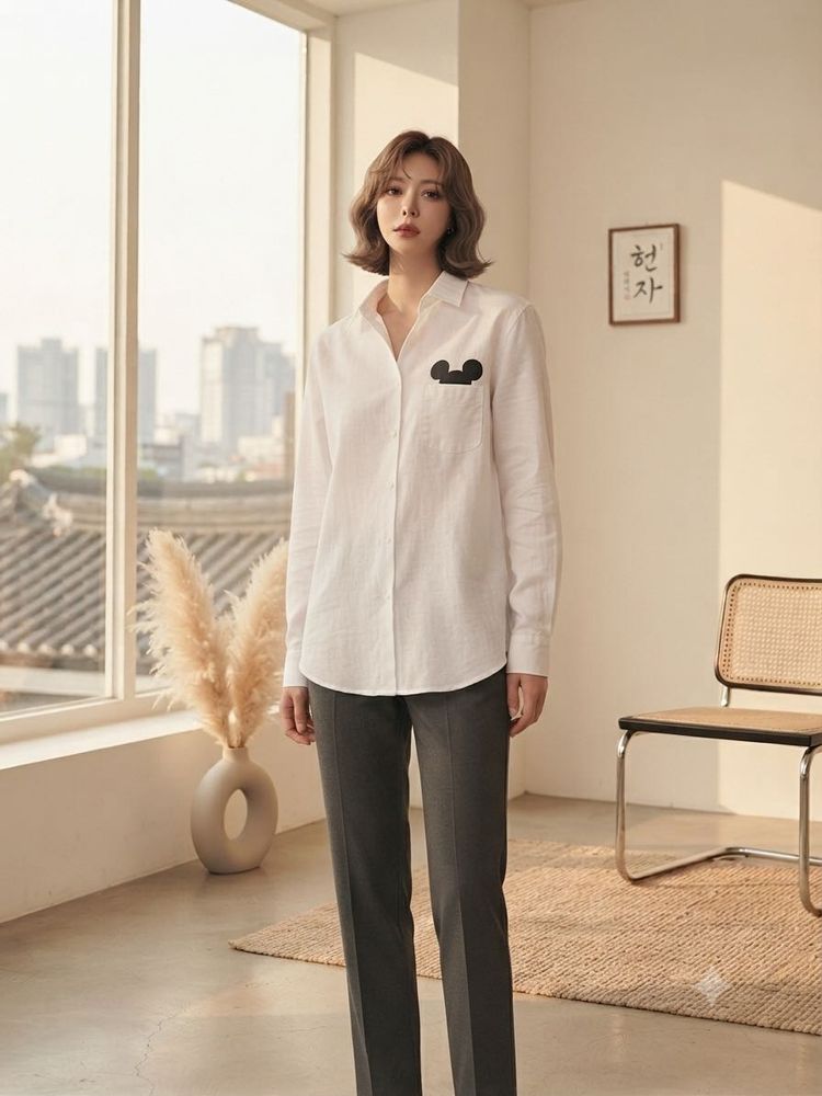 Chic White Mickey Mouse Pocket Shirt