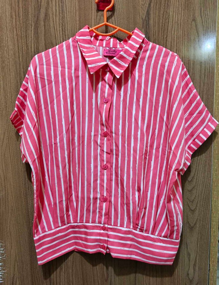 Pink White Striped Button-Up Crop Top
