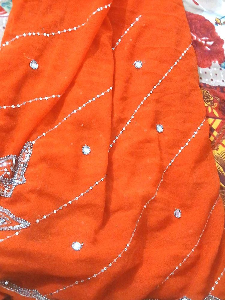 orange  mirror work  party wear saree