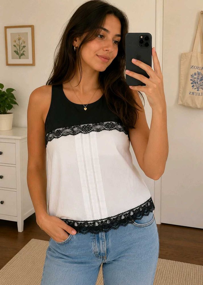 Women's Black &amp; White Lace Trim Tank Top
