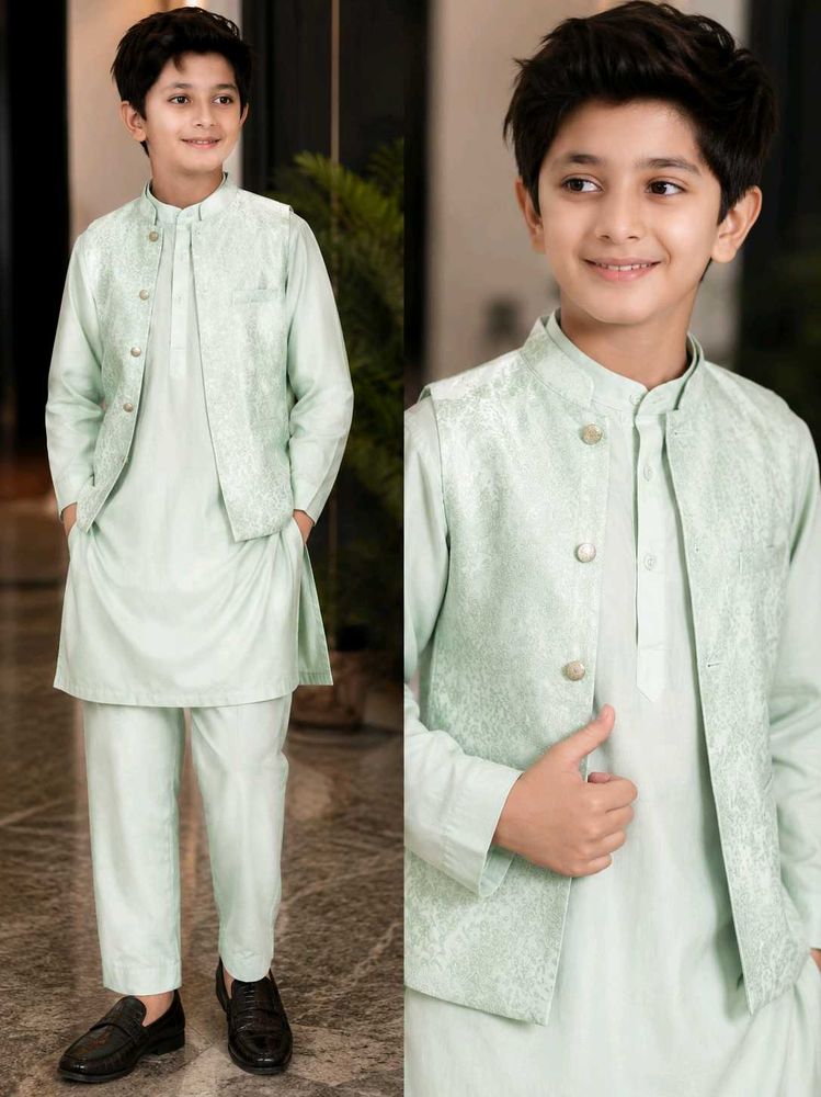 Boys Mint Green Kurta Set with Waistcoat