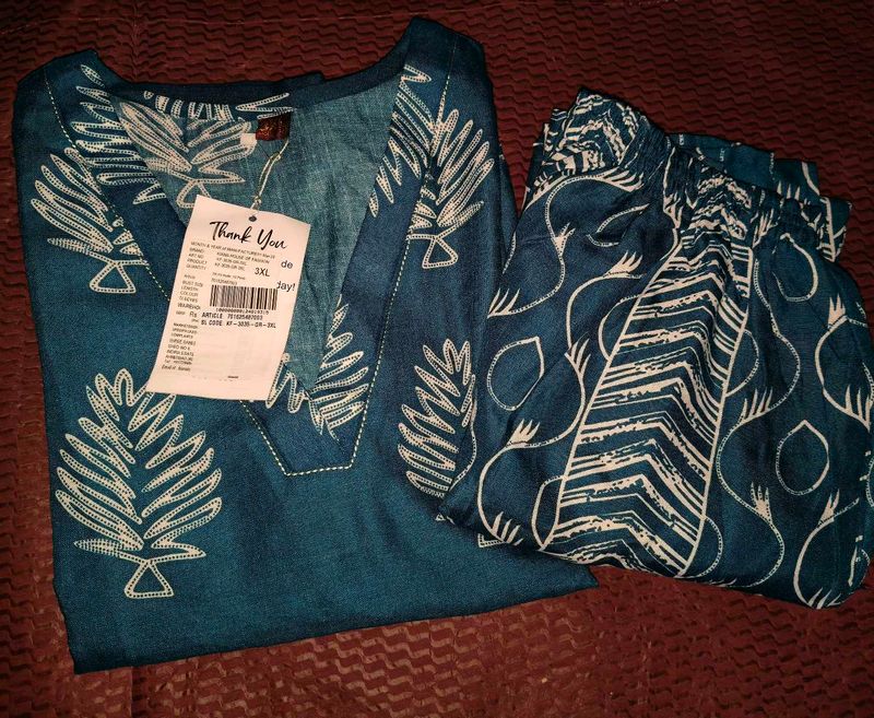 New Teal Leaf Print Kurta Set
