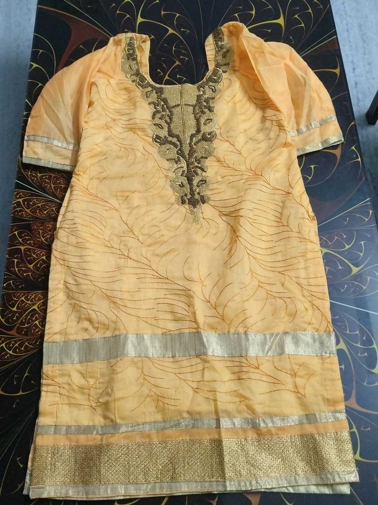 Peach Kurta with Embellished Neckline