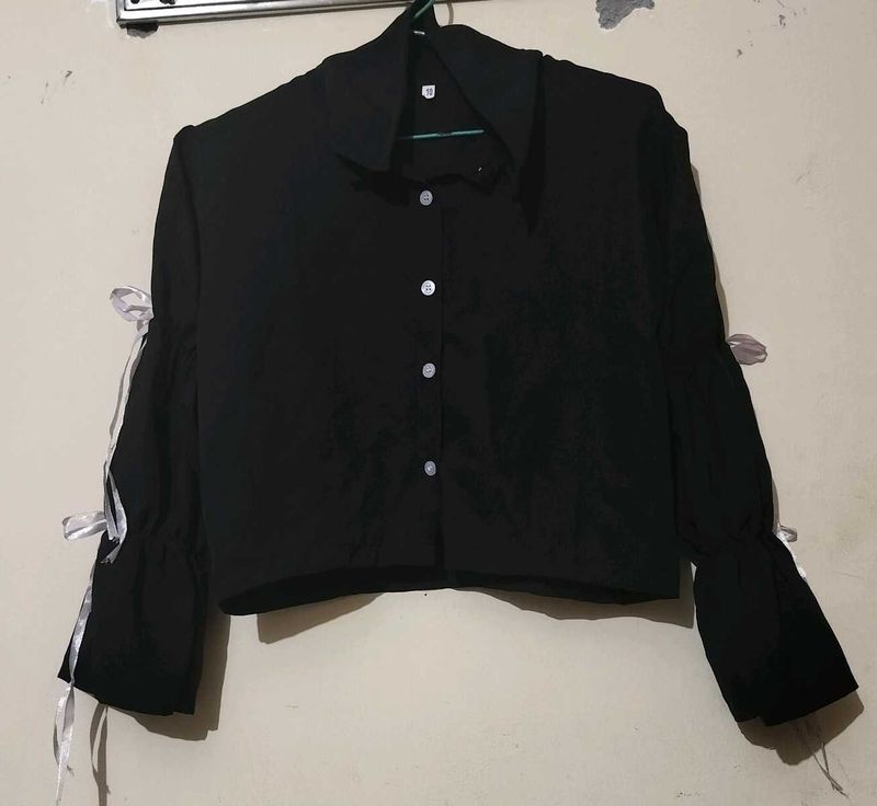Chic Black Bell Sleeve Top with Ribbon Tie