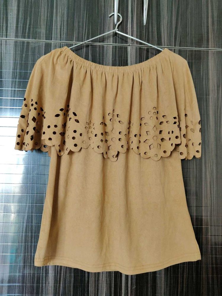 Tan Off-Shoulder Perforated Top