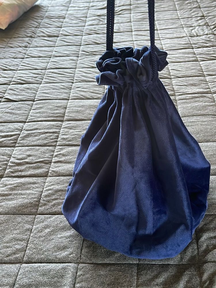 Navy Velvet Drawstring Bag