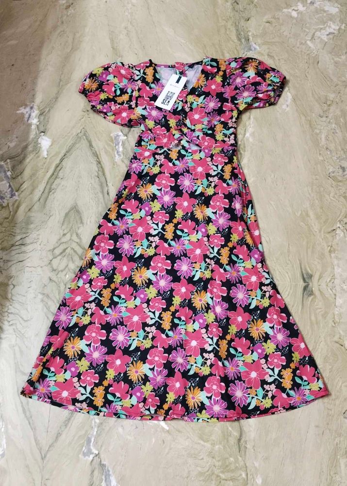 Multicolored Floral A-line Midi Dress