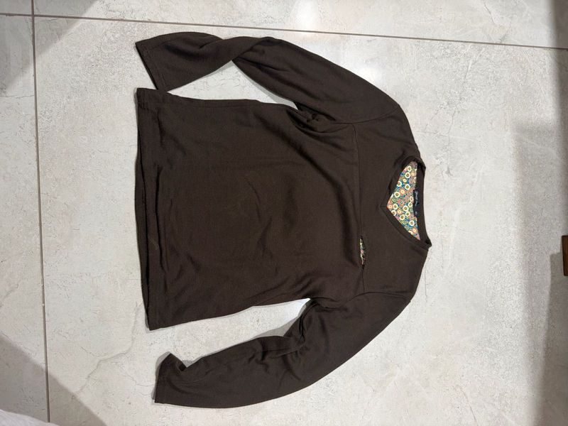 Brown Long Sleeve V-Neck Top