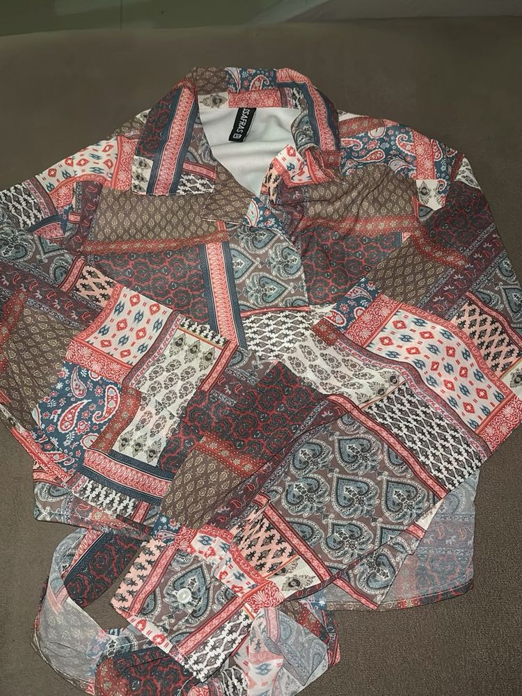 Boho Patchwork Print Wrap Shirt