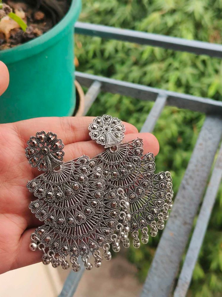 Oxidised Silver Peacock Jhumka Earrings