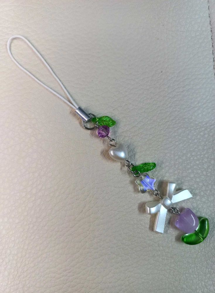 🌷🎀 Handmade Bow &amp; Heart Purple Phone Charm 🌿
