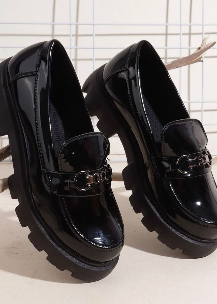 Chic Black Patent Loafers with Chain Detail