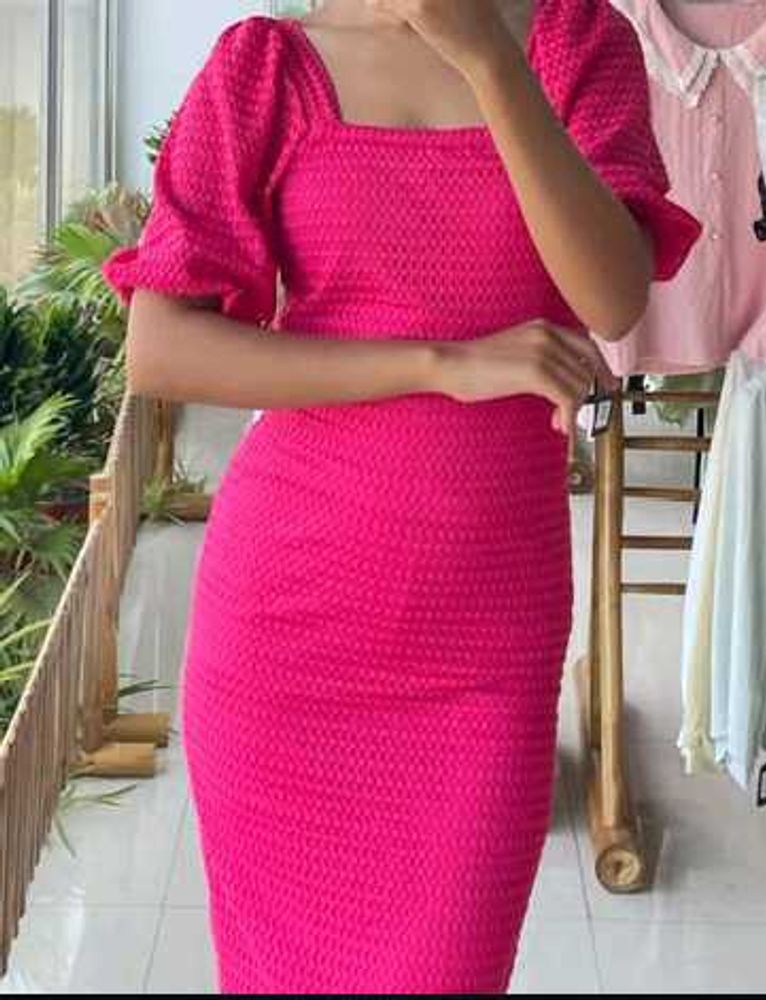 Vibrant Pink Puff Sleeve Square Neck Dress