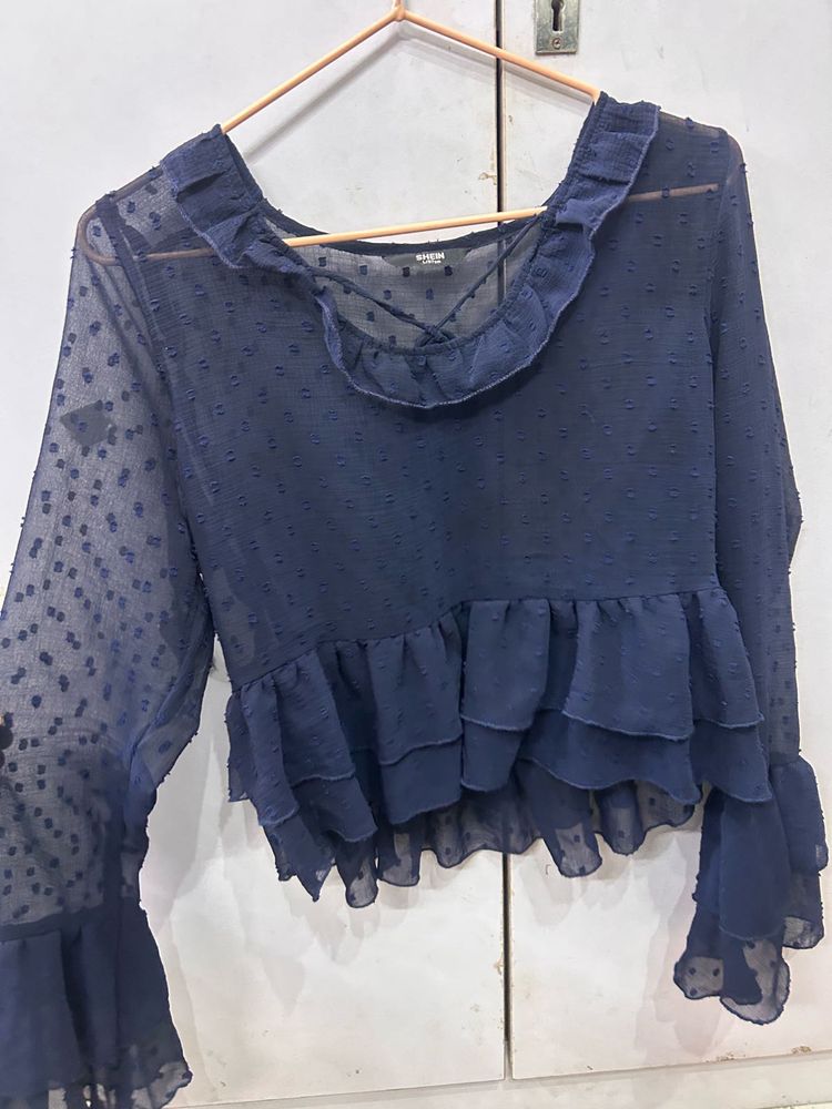 Navy Blue Ruffle Sheer Blouse