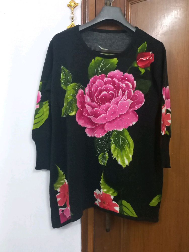 Latest Black Woolen Flower Print With Stone Work