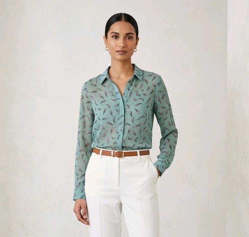 Monsoon Sage Green Bird Print CrinkleBlouse Top