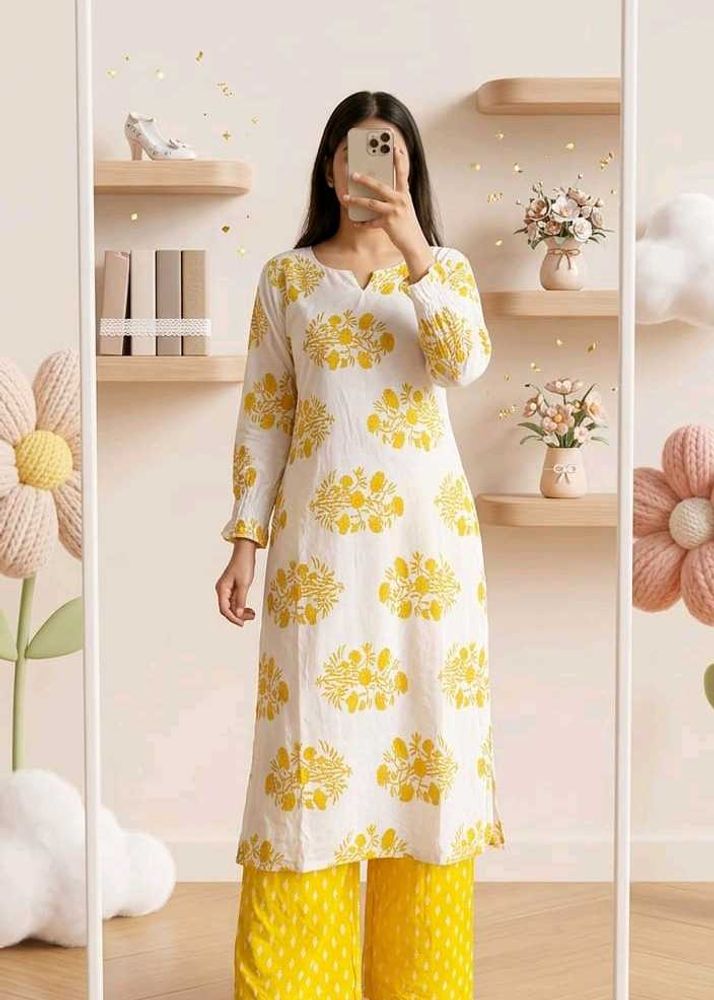 White &amp; Yellow Printed Kurta Set