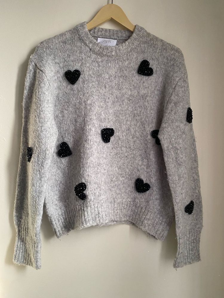 Grey Heart Embellished Sweater