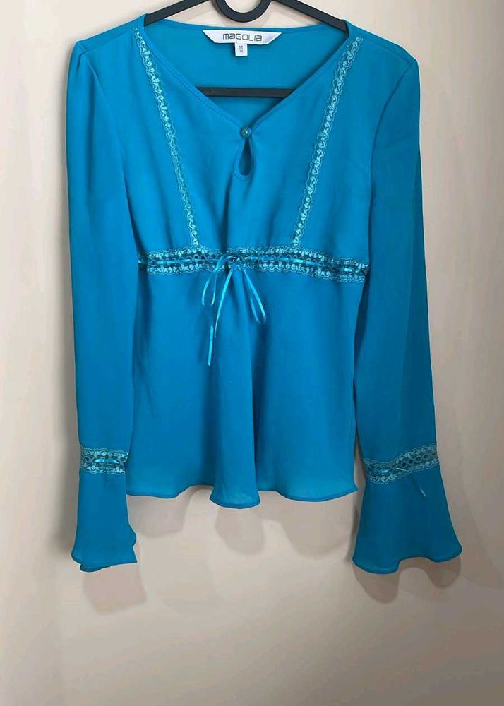 Elegant Blue Long Sleeve Blouse