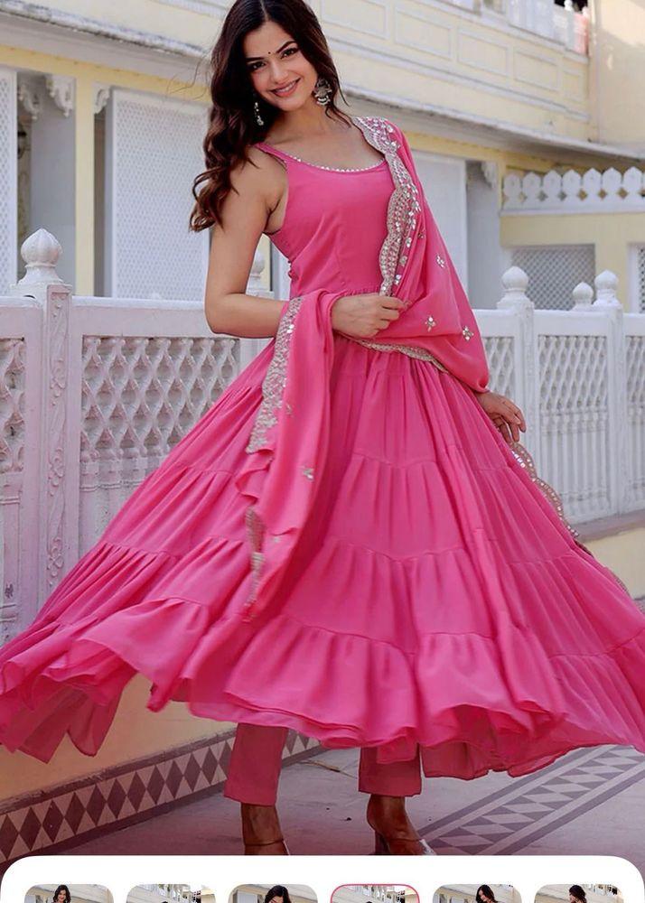 Vibrant Pink Tiered Kurta Set with Embellished Dup