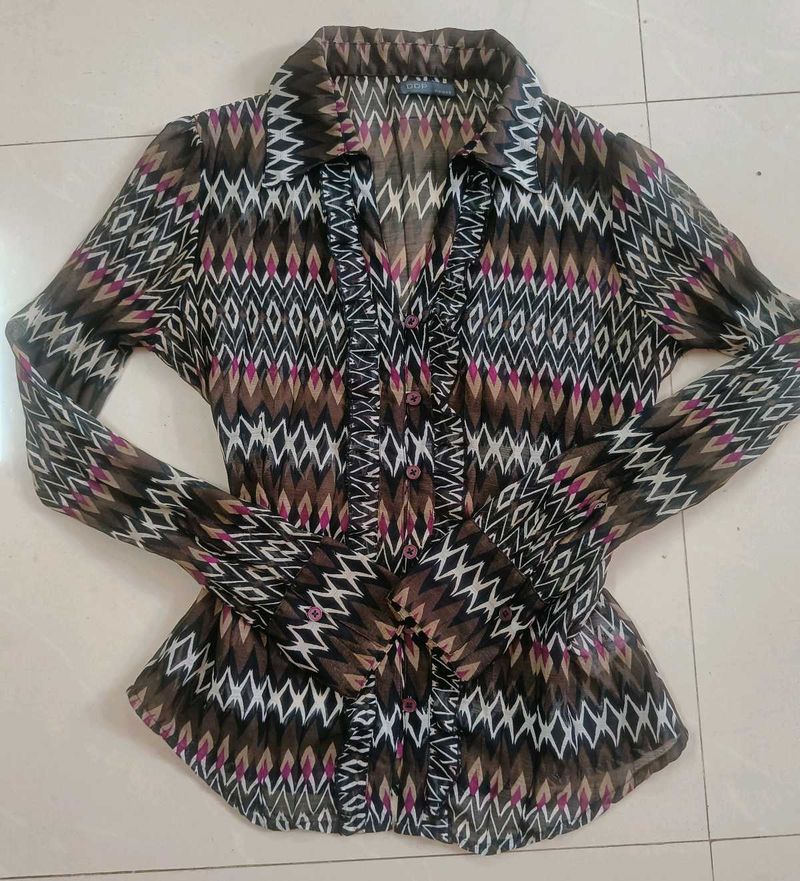 Sheer Geometric Print Button-Up Shirt