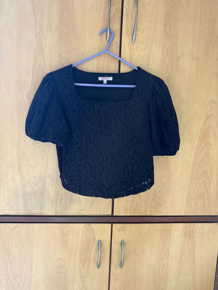 Black Lace Puff Sleeve Corset Top