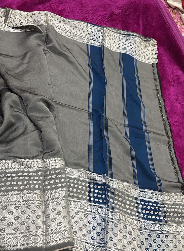Elegant Grey &amp; Blue Striped Saree